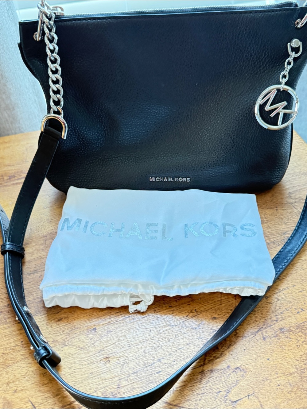 MICHAEL KORS Black Pebbled Leather Chain Crossbody Shoulder Bag + Dust Bag